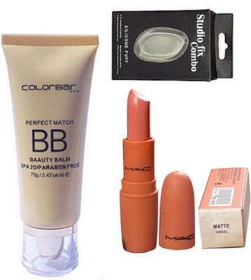 

Studio Fix Combo Silicon Puff& Colorbar Perfect Match Creme Foundation, Giambattista Valli Matte Finish Angel Lipstick(Set of 3)
