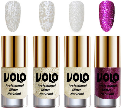 

Volo Professionally Used Glitter Shine Nail Polish Combo Pack of 4 White Nail Art And Glitter, White Nail Art And Glitter, White Nail Art And Glitter, Purple Glitter(Pack of 4)
