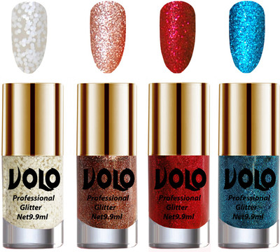 

Volo Professionally Used Glitter Shine Nail Polish Combo Pack of 4 White Nail Art And Glitter, Peach Glitter, Red Glitter, Sky Blue Glitter(Pack of 4)