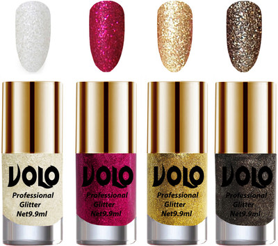 

Volo Professionally Used Glitter Shine Nail Polish Combo Pack of 4 White Nail Art And Glitter, Magenta Glitter, Golden Glitter, Dark Grey Glitter(Pack of 4)