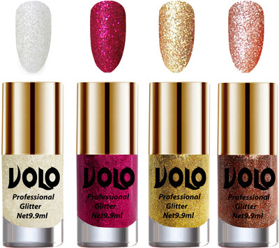

Volo Professionally Used Glitter Shine Nail Polish Combo Pack of 4 White Nail Art And Glitter, Magenta Glitter, Golden Glitter, Peach Glitter(Pack of 4)