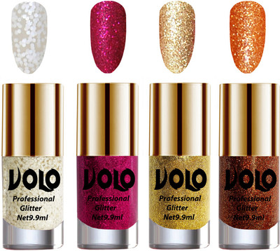 

Volo Professionally Used Glitter Shine Nail Polish Combo Pack of 4 White Nail Art And Glitter, Magenta Glitter, Golden Glitter, Light Orange Glitter(Pack of 4)