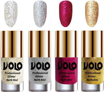 

Volo Professionally Used Glitter Shine Nail Polish Combo Pack of 4 White Nail Art And Glitter, White Nail Art And Glitter, Silver Glitter, Golden Glitter(Pack of 4)