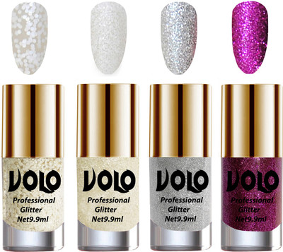 

Volo Professionally Used Glitter Shine Nail Polish Combo Pack of 4 White Nail Art And Glitter, White Nail Art And Glitter, Silver Glitter, Purple Glitter(Pack of 4)