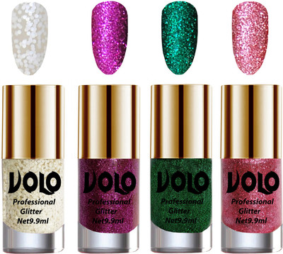 

Volo Professionally Used Glitter Shine Nail Polish Combo Pack of 4 White Nail Art And Glitter, Purple Glitter, Dark Green Glitter, Pink Glitter(Pack of 4)