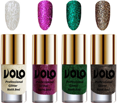 

Volo Professionally Used Glitter Shine Nail Polish Combo Pack of 4 White Nail Art And Glitter, Purple Glitter, Dark Green Glitter, Dark Grey Glitter(Pack of 4)