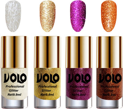 

Volo Professionally Used Glitter Shine Nail Polish Combo Pack of 4 White Nail Art And Glitter, Golden Glitter, Purple Glitter, Light Orange Glitter(Pack of 4)