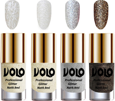 

Volo Professionally Used Glitter Shine Nail Polish Combo Pack of 4 White Nail Art And Glitter, White Nail Art And Glitter, White Nail Art And Glitter, Dark Grey Glitter(Pack of 4)