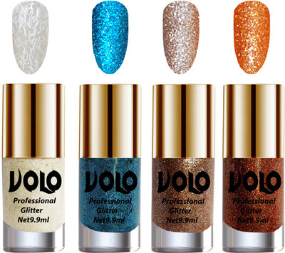 

Volo Professionally Used Glitter Shine Nail Polish Combo Pack of 4 White Nail Art And Glitter, Sky Blue Glitter, Light Golden Glitter, Light Orange Glitter(Pack of 4)