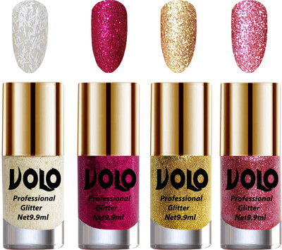 

Volo Professionally Used Glitter Shine Nail Polish Combo Pack of 4 White Nail Art And Glitter, Magenta Glitter, Golden Glitter, Pink Glitter(Pack of 4)