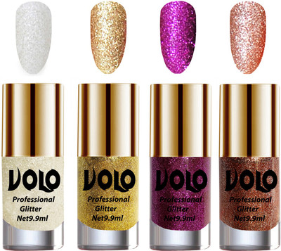 

Volo Professionally Used Glitter Shine Nail Polish Combo Pack of 4 White Nail Art And Glitter, Golden Glitter, Purple Glitter, Peach Glitter(Pack of 4)
