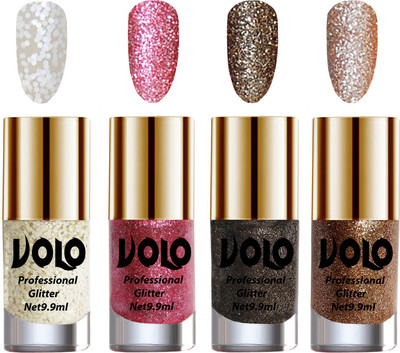 

Volo Professionally Used Glitter Shine Nail Polish Combo Pack of 4 White Nail Art And Glitter, Pink Glitter, Dark Grey Glitter, Light Golden Glitter(Pack of 4)