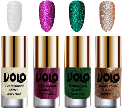 

Volo Professionally Used Glitter Shine Nail Polish Combo Pack of 4 White Nail Art And Glitter, Purple Glitter, Dark Green Glitter, Light Golden Glitter(Pack of 4)