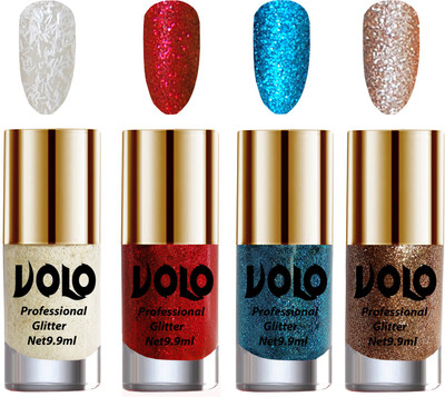 

Volo Professionally Used Glitter Shine Nail Polish Combo Pack of 4 White Nail Art And Glitter, Red Glitter, Sky Blue Glitter, Light Golden Glitter(Pack of 4)