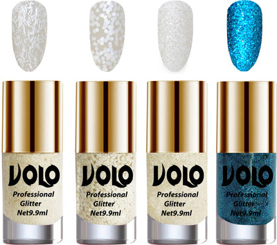 

Volo Professionally Used Glitter Shine Nail Polish Combo Pack of 4 White Nail Art And Glitter, White Nail Art And Glitter, White Nail Art And Glitter, Sky Blue Glitter(Pack of 4)