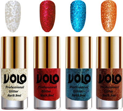 

Volo Professionally Used Glitter Shine Nail Polish Combo Pack of 4 White Nail Art And Glitter, White Nail Art And Glitter, White Nail Art And Glitter, Light Orange Glitter(Pack of 4)