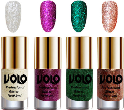

Volo Professionally Used Glitter Shine Nail Polish Combo Pack of 4 White Nail Art And Glitter, Purple Glitter, Dark Green Glitter, Peach Glitter(Pack of 4)