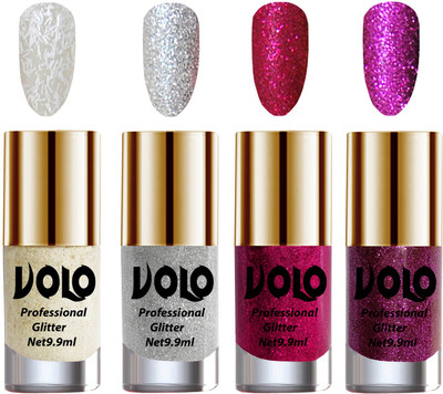 

Volo Professionally Used Glitter Shine Nail Polish Combo Pack of 4 White Nail Art And Glitter, Silver Glitter, Magenta Glitter, Purple Glitter(Pack of 4)