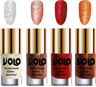 

Volo Professionally Used Glitter Shine Nail Polish Combo Pack of 4 White Nail Art And Glitter, Peach Glitter, Red Glitter, Light Orange Glitter(Pack of 4)