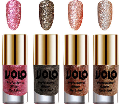 

Volo Professionally Used Glitter Shine Nail Polish Combo Pack of 4 Pink Glitter, Dark Grey Glitter, Peach Glitter, Light Golden Glitter(Pack of 4)