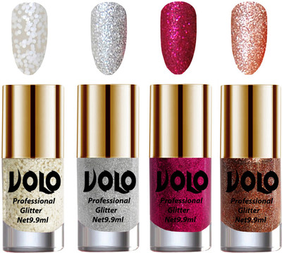 

Volo Professionally Used Glitter Shine Nail Polish Combo Pack of 4 White Nail Art And Glitter, White Nail Art And Glitter, Silver Glitter, Peach Glitter(Pack of 4)