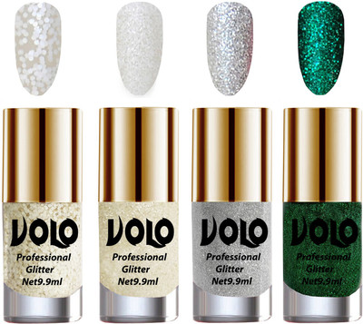 

Volo Professionally Used Glitter Shine Nail Polish Combo Pack of 4 White Nail Art And Glitter, White Nail Art And Glitter, White Nail Art And Glitter, Dark Green Glitter(Pack of 4)