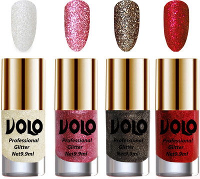 

Volo Professionally Used Glitter Shine Nail Polish Combo Pack of 4 White Nail Art And Glitter, Pink Glitter, Dark Grey Glitter, Red Glitter(Pack of 4)