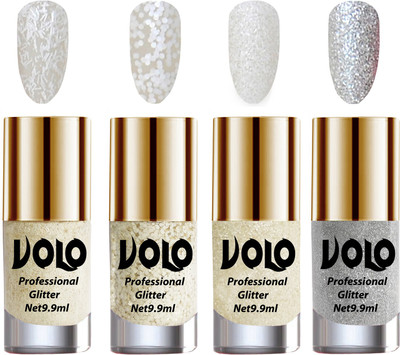 

Volo Professionally Used Glitter Shine Nail Polish Combo Pack of 4 White Nail Art And Glitter, White Nail Art And Glitter, White Nail Art And Glitter, Silver Glitter(Pack of 4)