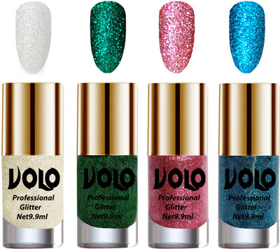 

Volo Professionally Used Glitter Shine Nail Polish Combo Pack of 4 White Nail Art And Glitter, Dark Green Glitter, Pink Glitter, Sky Blue Glitter(Pack of 4)