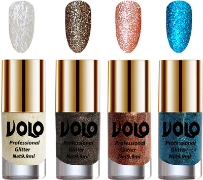 

Volo Professionally Used Glitter Shine Nail Polish Combo Pack of 4 White Nail Art And Glitter, Dark Grey Glitter, Peach Glitter, Sky Blue Glitter(Pack of 4)