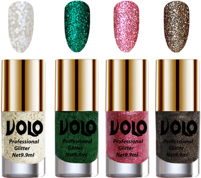 

Volo Professionally Used Glitter Shine Nail Polish Combo Pack of 4 White Nail Art And Glitter, Dark Green Glitter, Pink Glitter, Dark Grey Glitter(Pack of 4)