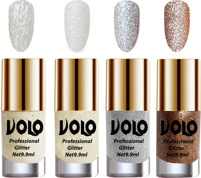 

Volo Professionally Used Glitter Shine Nail Polish Combo Pack of 4 White Nail Art And Glitter, White Nail Art And Glitter, Silver Glitter, Light Golden Glitter(Pack of 4)