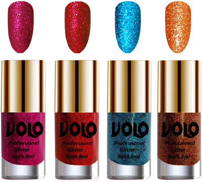 

Volo Professionally Used Glitter Shine Nail Polish Combo Pack of 4 Magenta Glitter, Red Glitter, Sky Blue Glitter, Light Orange Glitter(Pack of 4)