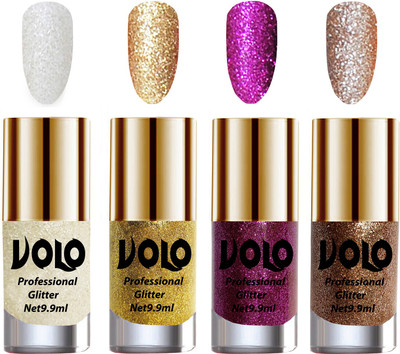 

Volo Professionally Used Glitter Shine Nail Polish Combo Pack of 4 White Nail Art And Glitter, Golden Glitter, Purple Glitter, Light Golden Glitter(Pack of 4)