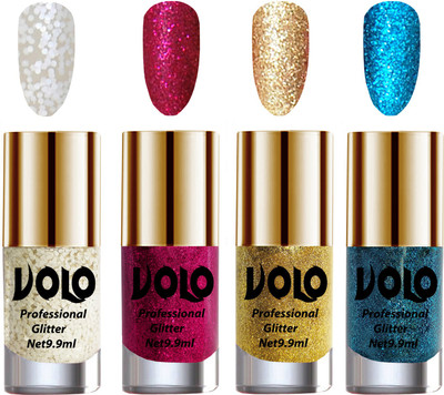 

Volo Professionally Used Glitter Shine Nail Polish Combo Pack of 4 White Nail Art And Glitter, Magenta Glitter, Golden Glitter, Sky Blue Glitter(Pack of 4)