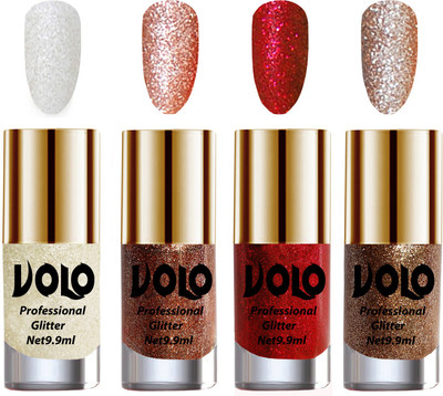 

Volo Professionally Used Glitter Shine Nail Polish Combo Pack of 4 White Nail Art And Glitter, Peach Glitter, Red Glitter, Light Golden Glitter(Pack of 4)