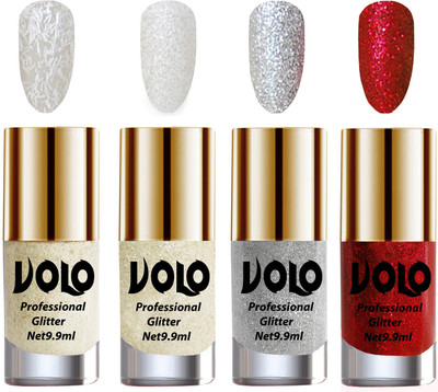 

Volo Professionally Used Glitter Shine Nail Polish Combo Pack of 4 White Nail Art And Glitter, White Nail Art And Glitter, Silver Glitter, Red Glitter(Pack of 4)