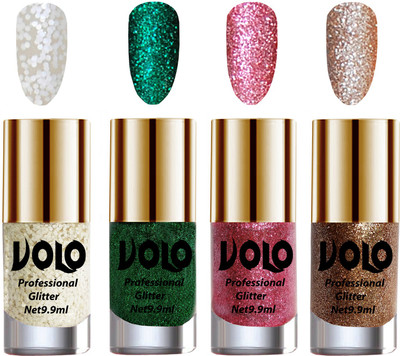 

Volo Professionally Used Glitter Shine Nail Polish Combo Pack of 4 White Nail Art And Glitter, White Nail Art And Glitter, White Nail Art And Glitter, Light Golden Glitter(Pack of 4)