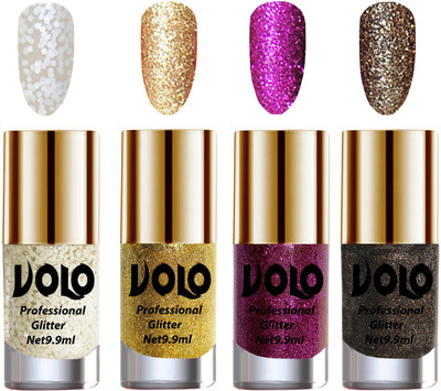 

Volo Professionally Used Glitter Shine Nail Polish Combo Pack of 4 White Nail Art And Glitter, Golden Glitter, Purple Glitter, Dark Grey Glitter(Pack of 4)