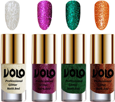 

Volo Professionally Used Glitter Shine Nail Polish Combo Pack of 4 White Nail Art And Glitter, Purple Glitter, Dark Green Glitter, Light Orange Glitter(Pack of 4)