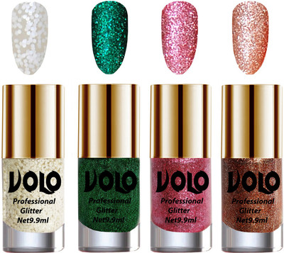 

Volo Professionally Used Glitter Shine Nail Polish Combo Pack of 4 White Nail Art And Glitter, Dark Green Glitter, Pink Glitter, Red Glitter(Pack of 4)