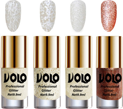 

Volo Professionally Used Glitter Shine Nail Polish Combo Pack of 4 White Nail Art And Glitter, White Nail Art And Glitter, White Nail Art And Glitter, Peach Glitter(Pack of 4)