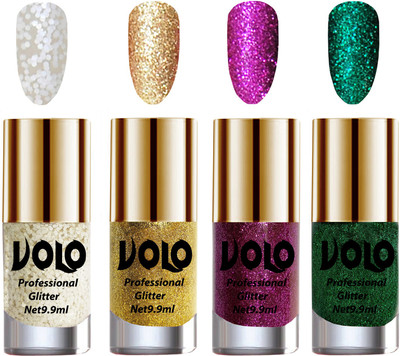 

Volo Professionally Used Glitter Shine Nail Polish Combo Pack of 4 White Nail Art And Glitter, Golden Glitter, Purple Glitter, Dark Green Glitter(Pack of 4)