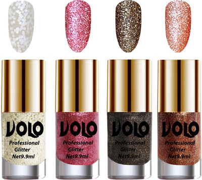 

Volo Professionally Used Glitter Shine Nail Polish Combo Pack of 4 White Nail Art And Glitter, Pink Glitter, Dark Grey Glitter, Peach Glitter(Pack of 4)