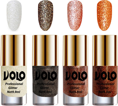 

Volo Professionally Used Glitter Shine Nail Polish Combo Pack of 4 White Nail Art And Glitter, Dark Grey Glitter, Peach Glitter, Light Orange Glitter(Pack of 4)