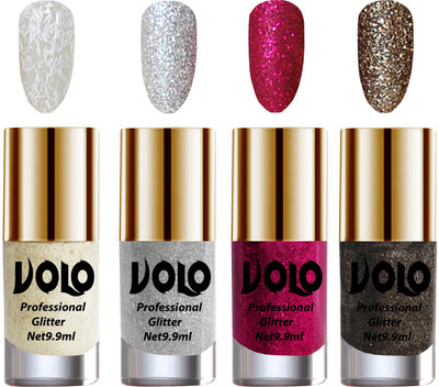 

Volo Professionally Used Glitter Shine Nail Polish Combo Pack of 4 White Nail Art And Glitter, Silver Glitter, Magenta Glitter, Dark Grey Glitter(Pack of 4)