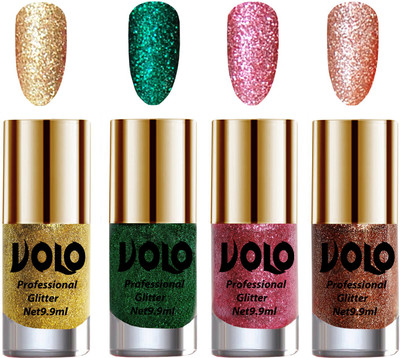

Volo Professionally Used Glitter Shine Nail Polish Combo Pack of 4 Golden Glitter, Dark Green Glitter, Pink Glitter, Red Glitter(Pack of 4)