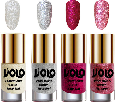 

Volo Professionally Used Glitter Shine Nail Polish Combo Pack of 4 White Nail Art And Glitter, Silver Glitter, Magenta Glitter, Pink Glitter(Pack of 4)