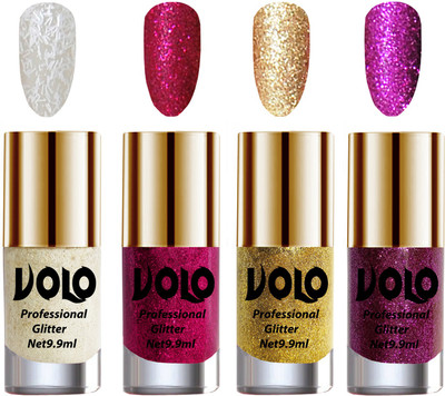 

Volo Professionally Used Glitter Shine Nail Polish Combo Pack of 4 White Nail Art And Glitter, Magenta Glitter, Golden Glitter, Purple Glitter(Pack of 4)