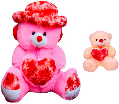

ATTRACTIVE 4 Feet Soft Sitting Cap & Heart Teddy Bear With 1 Feet Small Cream Heart Teddy Bear - 110 cm(PINK/CREAM)